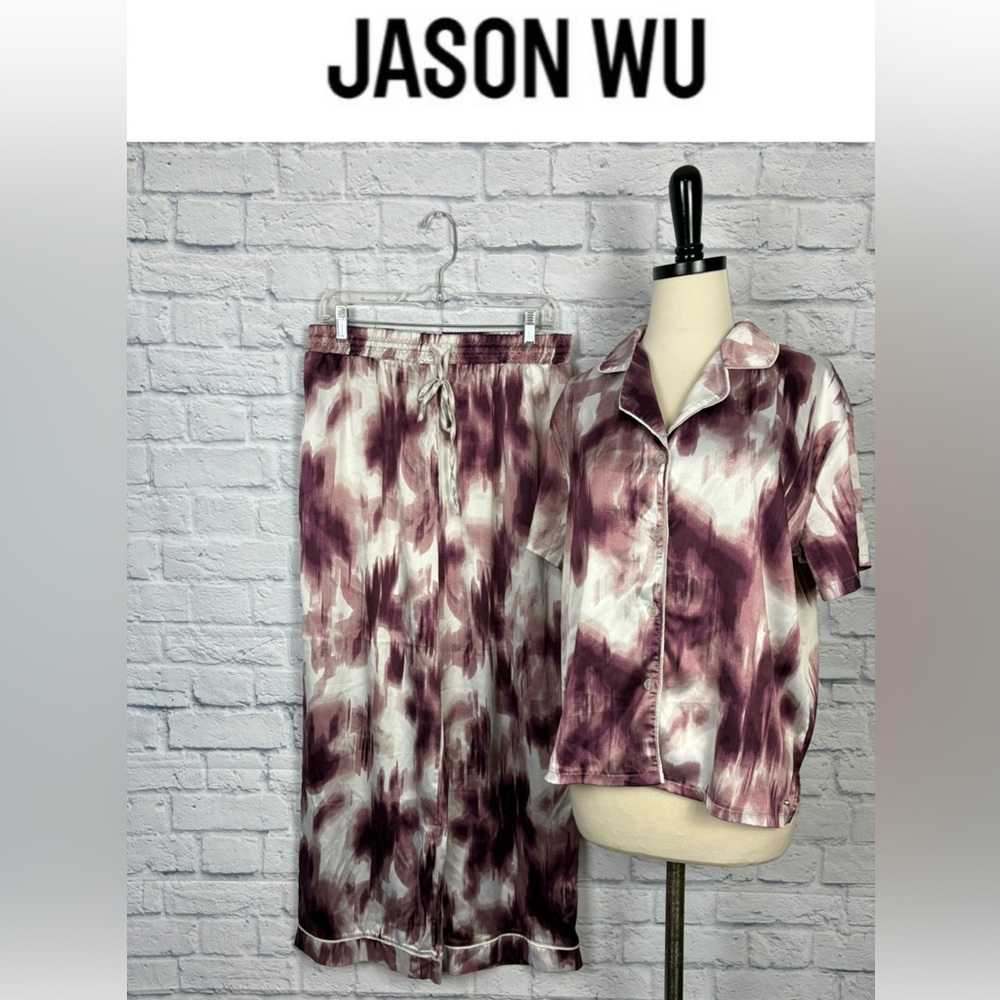 Jason Wu  Cream & Purple Watercolor Satin Notched Collar Pajama Set Medium